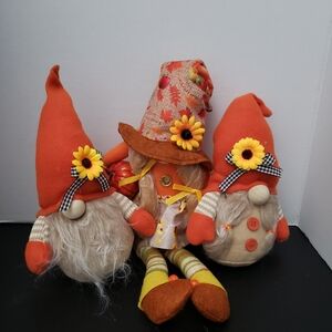Orange And Beige Gnome Trio with Sunflower Accents
